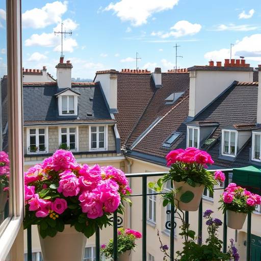 Balcon fleuri avec vue sur les toits de Paris