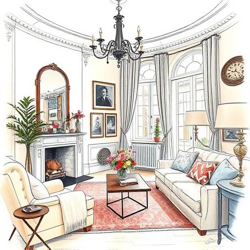 Croquis d'un salon parisien chaleureux et lumineux