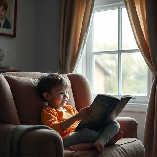 Enfant lisant un livre dans un fauteuil confortable pr&radic;&reg;s d'une fen&radic;&trade;tre