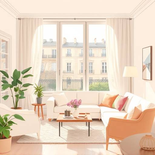 Illustration douce d'un salon parisien baign&radic;&copy; de lumi&radic;&reg;re naturelle et invitant &radic;&dagger; la d&radic;&copy;tente.