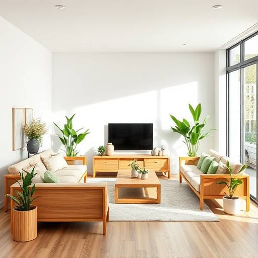 Salon moderne avec des meubles en bois clair et des plantes vertes