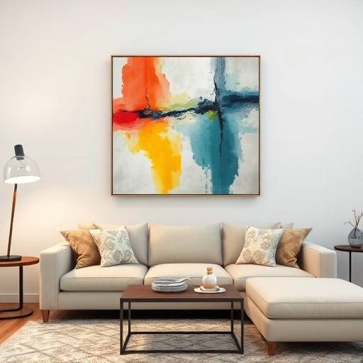 Tableau d'art abstrait suspendu au-dessus d'un canap&radic;&copy; confortable